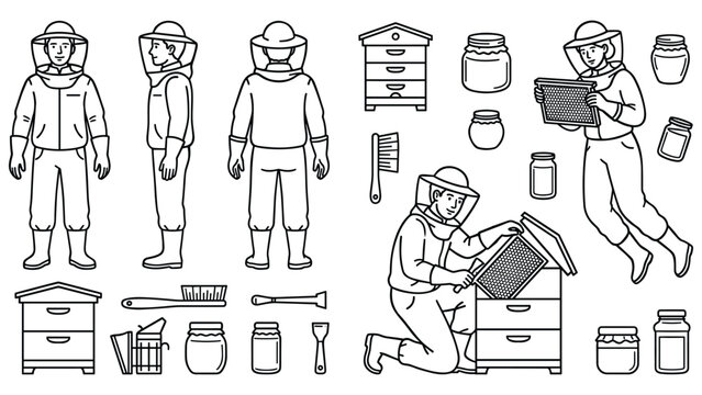 Beekeeper in protective suit tending to beehives collecting honeycomb and jars of honey.