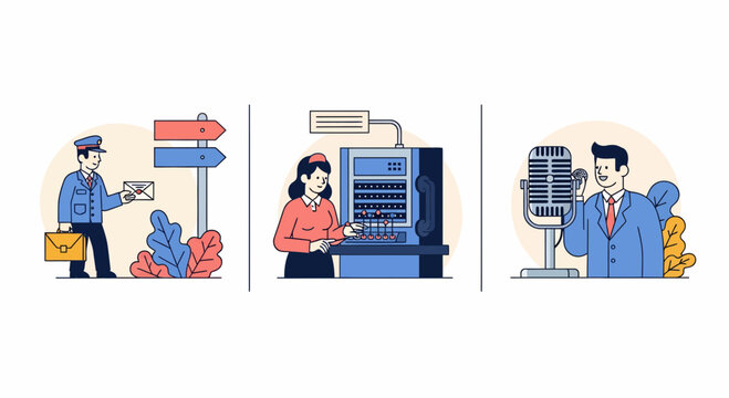 Vintage Mail Delivery Services Old Telephone Switchboard Operator And Classic Radio Broadcasting Communication History Vector Set Illustration For Educational Purpose