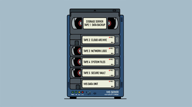 Retro server rack with multiple stacked magnetic tape storage drives.