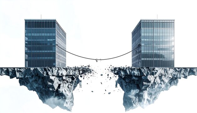 Two modern office buildings connected by a tightrope over a chasm in a surreal landscape against a white background