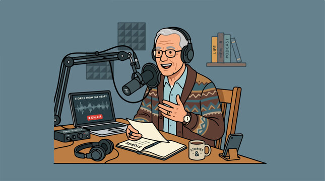 Senior man hosting a podcast from his home studio.