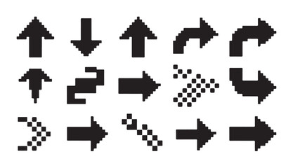 Pixel art arrow set including up, down, right, and curved arrows for user interface design. © VANU