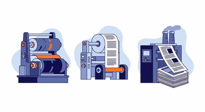 Big ink press set for pro paper work news book print shop web tool flat icon kit