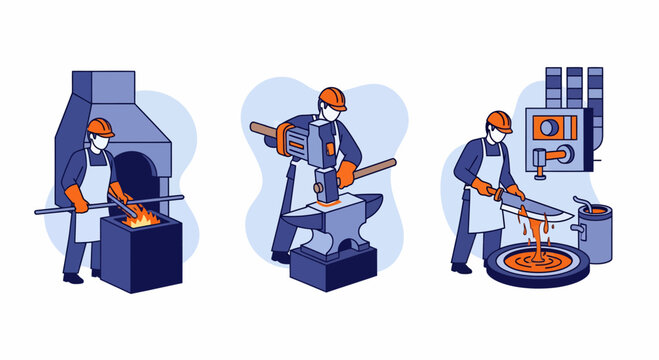 Men work in hot shop to melt forge and cast thin iron steel part now