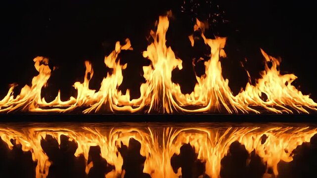 Row of Flames and Reflection: A dramatic display of vibrant orange flames leaping against a dark background, with a perfect mirrored reflection below, creating a mesmerizing symmetrical visual.