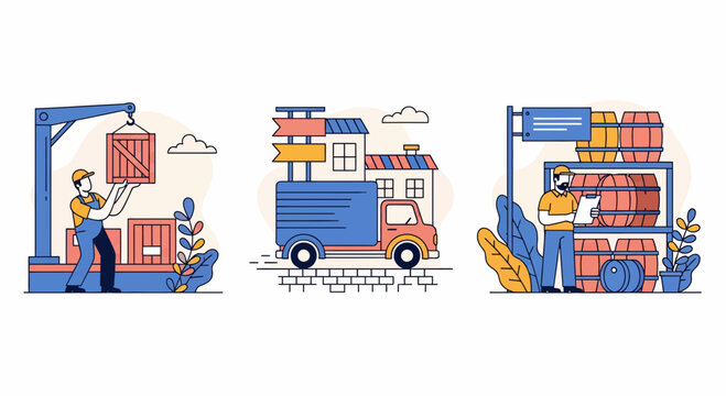 Retro logistics network delivery truck crane loading and worker managing cargo crates barrels for shipping storage business
