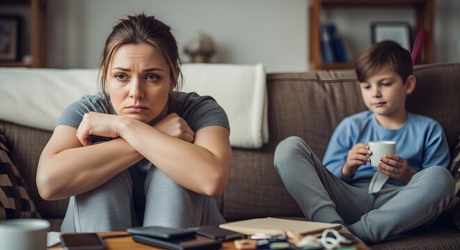 Tired Mother Is Exhausted Sitting Near Her Son on the Sofa