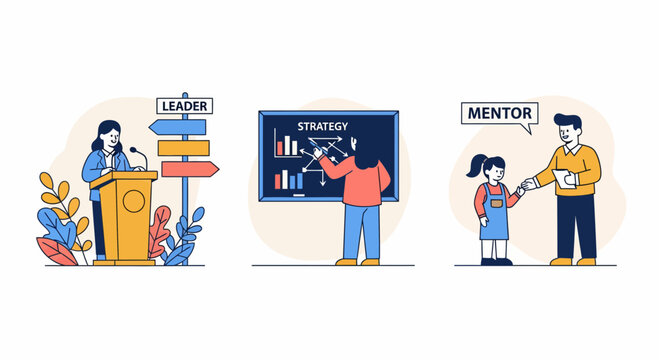Set of leader roles with public speech plan and mentor to help people learn and grow