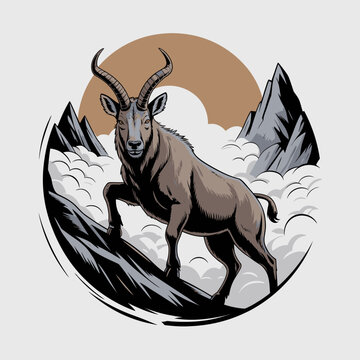 A brown goat standing on mountain.