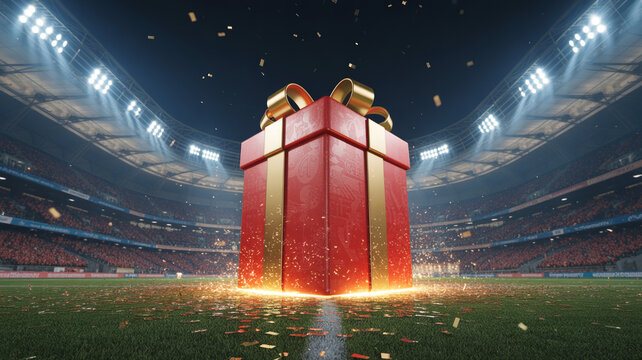 Large red gift box with gold ribbon and bow exploding with fireworks