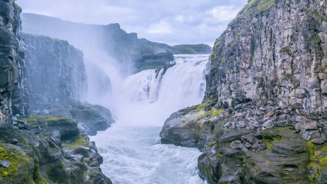 Powerful Gullfoss Waterfall in Iceland Cascading Through a Rugged Canyon Under a Cloudy Sky