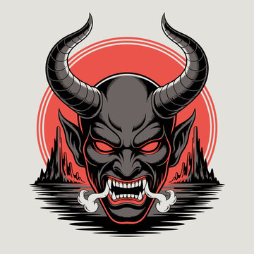 Devil face with horns and smoke.