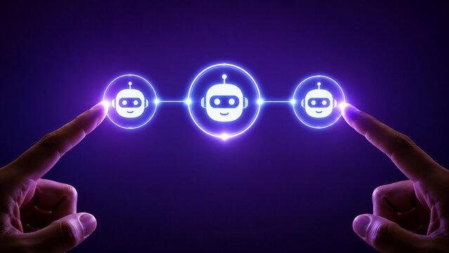 Chatbot AI workflow concept by two index fingers from opposite sides. Robot nodes glow between fingertips on purple background. Two hands touching chatbot icons linked by neon chain.