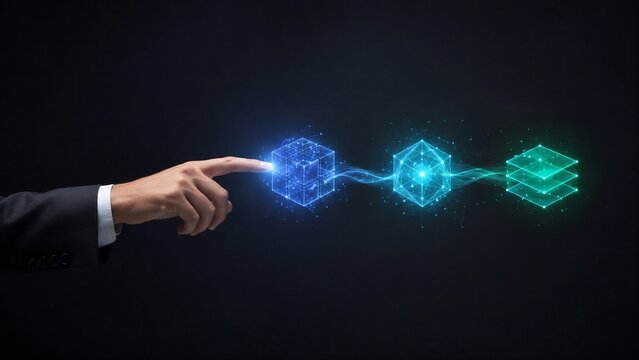 AI workflow steps initiated by businessman touching geometric data cube. Abstract nodes transform through connected blockchain shapes. Suited hand at glowing blue teal chain on dark background.