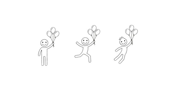 Joyful stick figures holding balloons in midair poses.