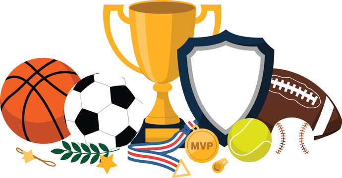 Sports Championship Vector Elements Featuring Golden Trophy Cup, Achievement Shield, MVP Medal, Basketball, Soccer Ball, Football, and Tennis Equipment Set