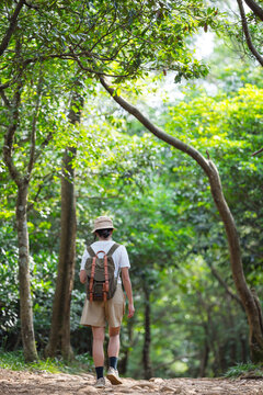 Woman hiking on trail surrounded by tall green forest trees