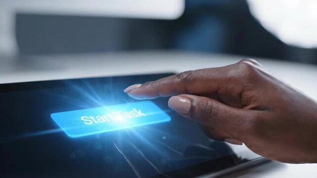 Finger tapping start button tablet touch touchscreen interface hand pressing start button finger tablet screen boosting remote work productivity