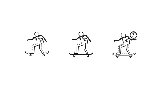 Three progressive stages of skateboard balance mastery.