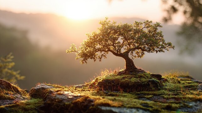Small Ancient Willow Oak on Moss at Sunrise Web Banner Symbol of Hope Background