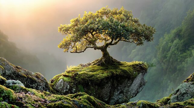 Small Ancient Willow Oak on Moss at Sunrise Web Banner Symbol of Hope Nature