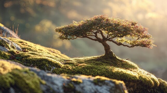 Small Ancient Zelkova on Moss at Sunrise Web Banner Symbol of Hope Nature