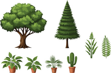 Collection of illustrated trees, houseplants, and leaves showcasing diverse vegetation in natural and decorative styles © It's Marja