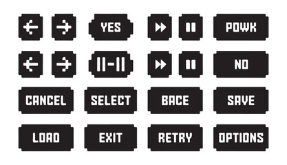 Pixelated interface buttons for retro video game design. set of ui elements. © VANU