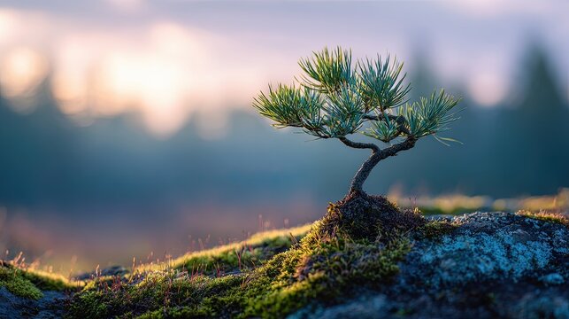 Small Ancient Monterey Pine on Moss at Sunrise Web Banner Symbol of Hope Background