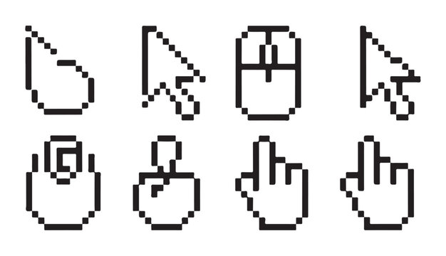 Collection of pixel art computer mouse cursors and hand pointers for user interface design.