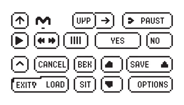 Group of retro pixel art interface buttons for computer games and software applications.
