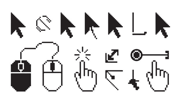 Set of pixel art computer hardware icons and cursor pointers for digital screen interface.