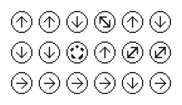 Set of circular pixel art directional arrow icons for navigation and user interface design.