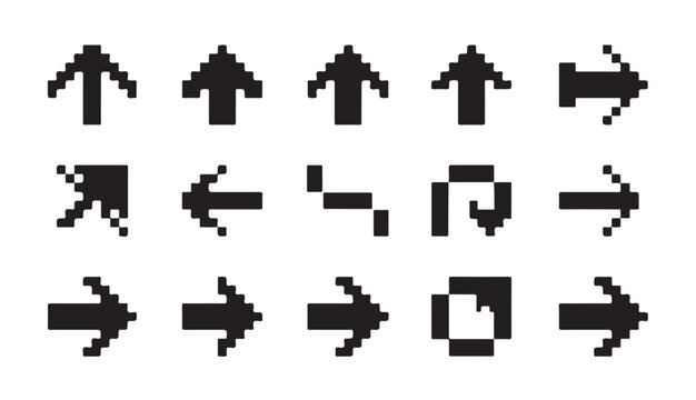 Pixel arrow vector set collection retro 8 bit computer game icons digital design element.