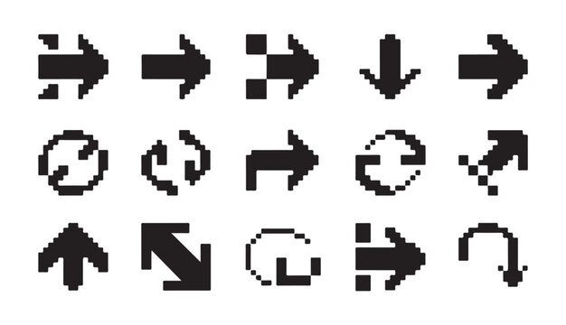 Pixel arrow vector set collection retro 8 bit computer game icons digital design element.