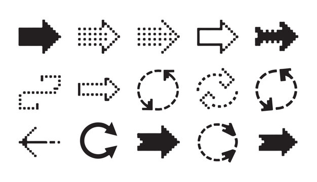 Pixel arrow vector set collection retro 8 bit computer game icons digital design element.