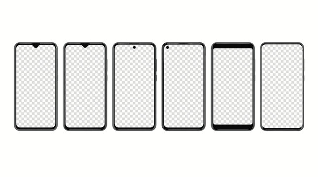Realistic models smartphone with transparent screens. Smartphone mockup collection. Device front view. 3D mobile phone with shadow on transparent background - stock ...