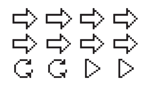 Pixelated arrow icon library for website user interface and mobile game screen navigation.