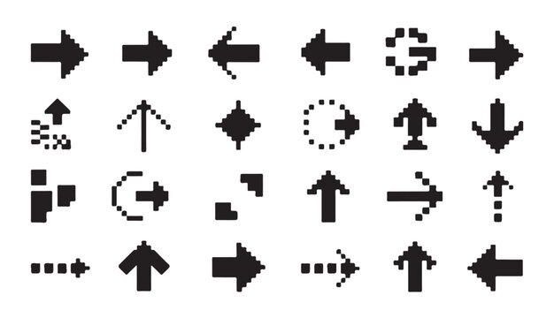 Pixel art arrow set, vector collection of 8-bit style direction pointers on white background.