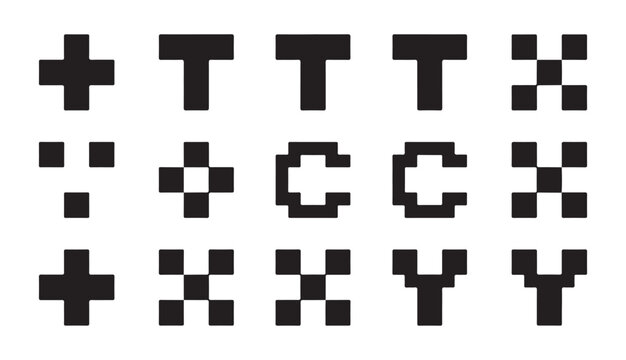 Pixel art plus, T and X vector shapes, 8-bit style geometric elements on white.
