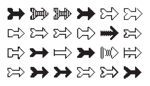 Pixelated arrow symbols set outline fill computer cursor direction navigation interface icons.