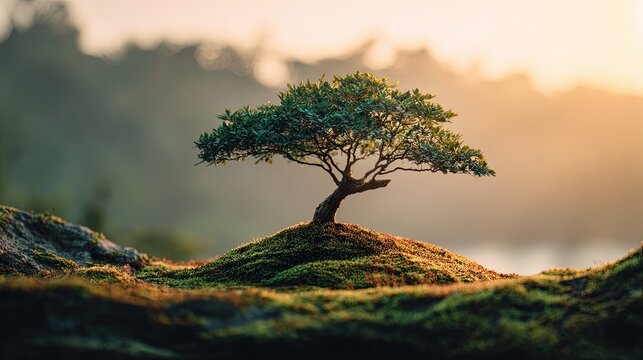 Small Ancient Rain Tree on Moss at Sunrise Web Banner Symbol of Hope Scenery
