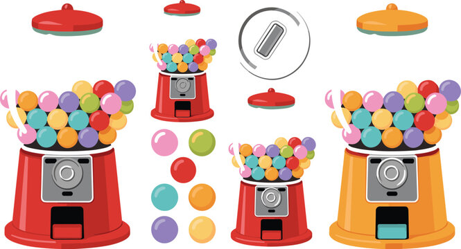 Vintage Gumball Machine Vector Set with Colorful Bubblegum Balls, Red and Yellow Candy Dispensers, Coin, and Lid Graphic Elements