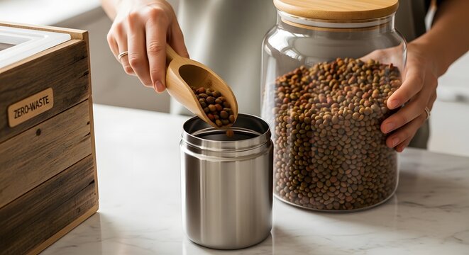 Person scoops coffee beans from large jar to metal container on kitchen counter with wooden box.