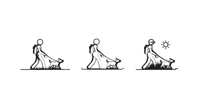 Illustrated sequence of person walking their dog in sunlight.