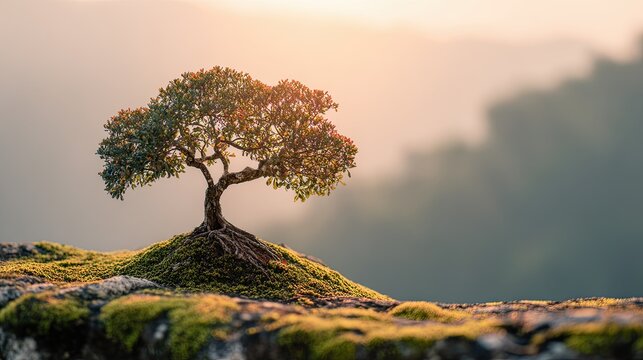 Small Ancient Silk Cotton Tree on Moss at Sunrise Web Banner Symbol of Hope Scenery