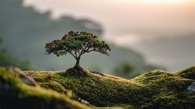 Small Ancient Silk Cotton Tree on Moss at Sunrise Web Banner Symbol of Hope Nature