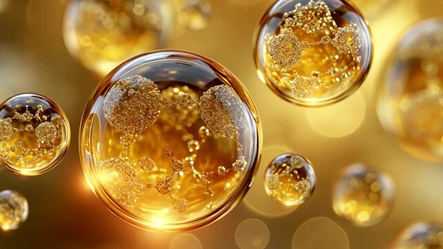 Abstract golden cosmetic serum bubbles background, glowing oil drops and collagen molecules or  PDRN  salmon DNA molecule for skin care. Generative ai.