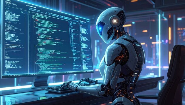 Humanoid robot coding on futuristic desktop with holographic interface