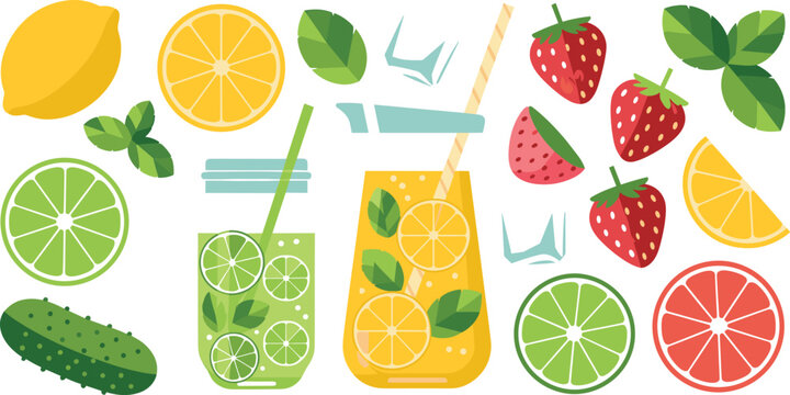 Summer Refreshing Drinks Vector Icon Set with Lemonade Glasses, Strawberry, Mint Leaves, Lime, Orange, Citrus Slices, and Cucumber Graphic Elements